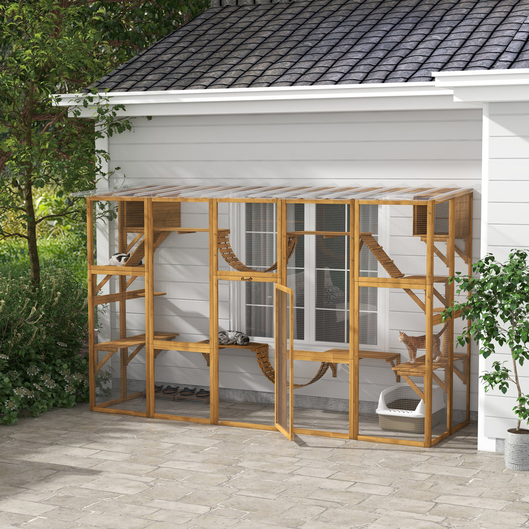 Catio Playground Cat Window Box Outside Enclosure, Outdoor Cat House With Weather Protection Roof For Multiple Kitties, Wooden Frame, Shelves & Bridges, 118" X 37.5" X 74"